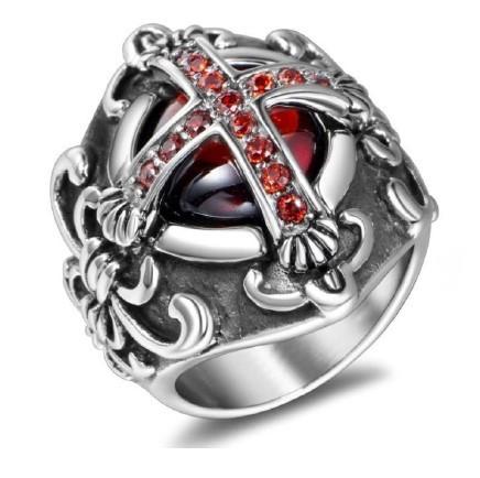 Highway Hawk Ring Signet Ring "Cross Diamonds Red" Stainless ...