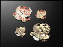 Emblem "'Eagle live to ride" in goldThe stable emblem with " ...