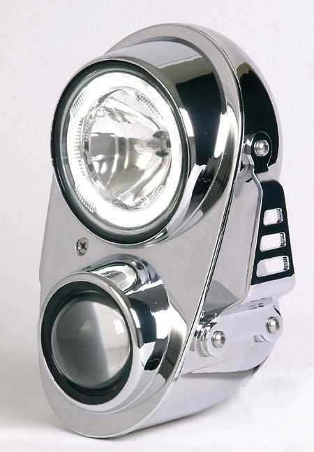 Double chrome headlamp with LED parking light ring (223-505)